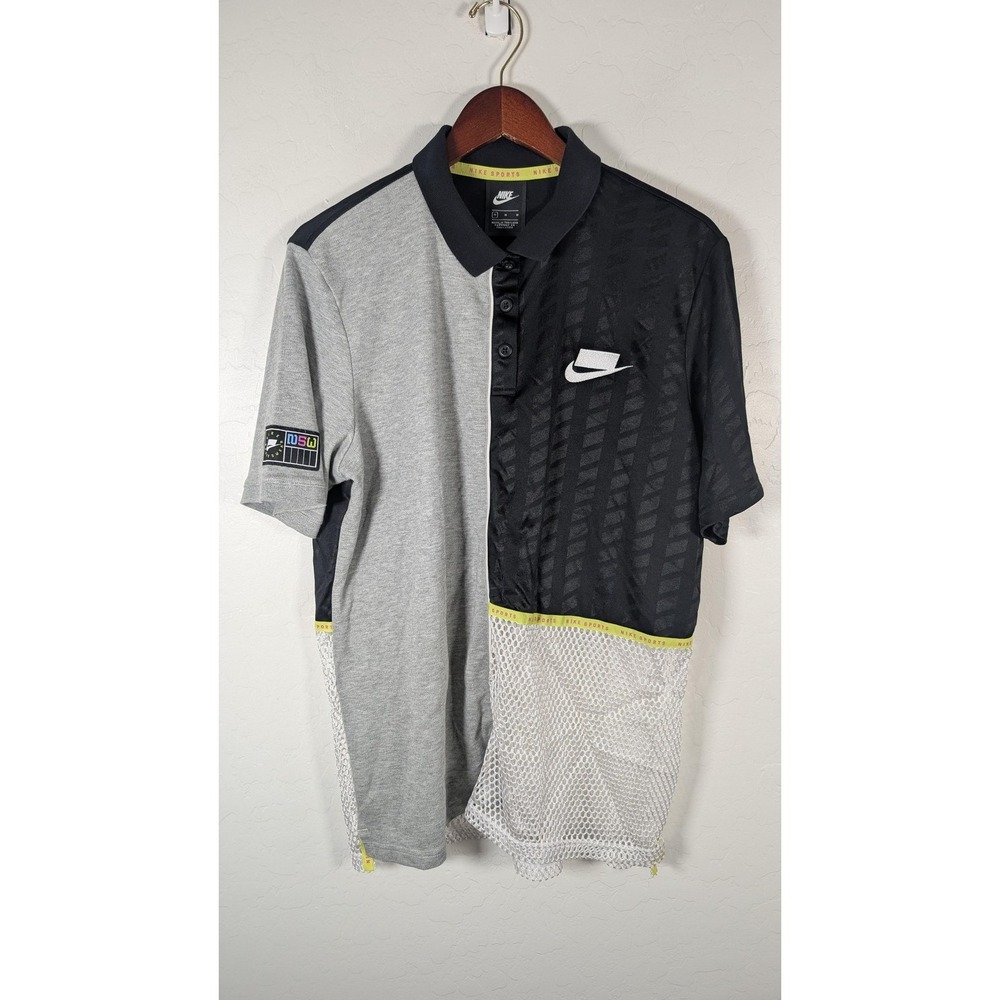 Nike Polo Shirt Mens Medium Black Gray Sportswear Mesh Hem Colorblock Graphic